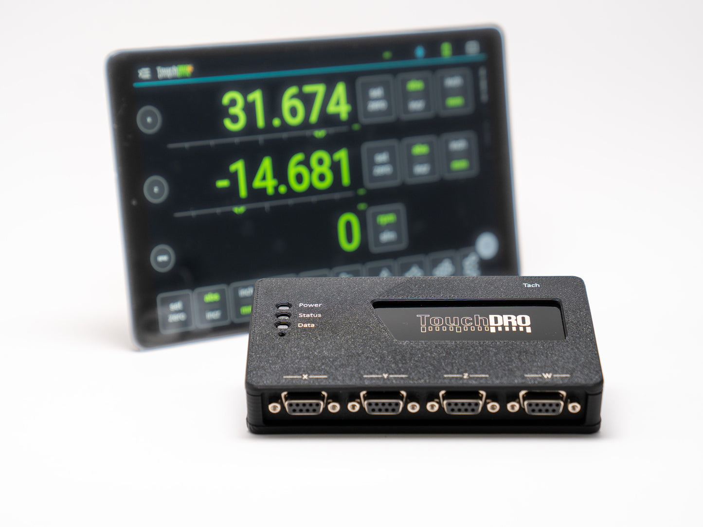 TouchDRO TDA-410 wireless DRO adapter for metal lathes, shown with an Android tablet displaying the 2-axis position and RPM readout