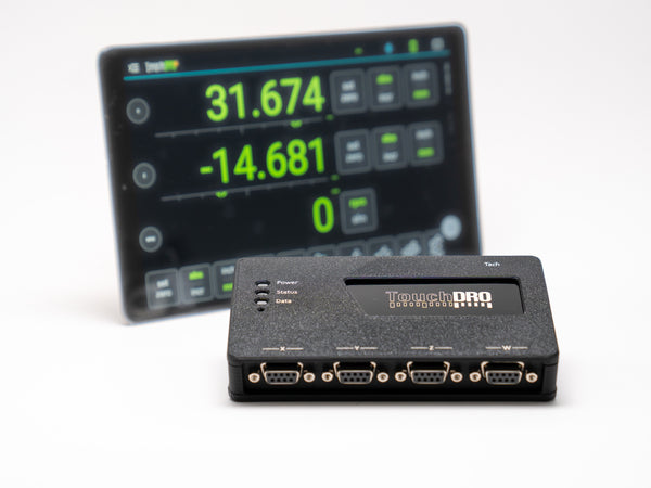 TouchDRO TDA-410 wireless DRO adapter for metal lathes, shown with an Android tablet displaying the 2-axis position and RPM readout