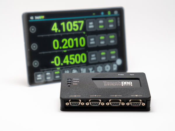 TouchDRO TDA-420 wireless DRO adapter for milling machines, shown with an Android tablet displaying the 4-axis position readout